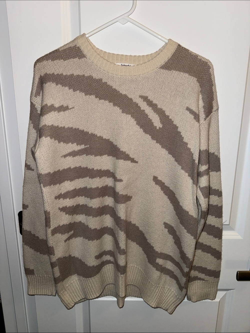 Splendid Lana Crew Neck Zebra Stripe Sweater Beige and Taupe